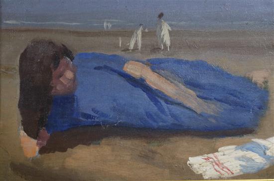Denise Lees, oil on canvas, woman on a beach with cricketers beyond 25 x 37cm.